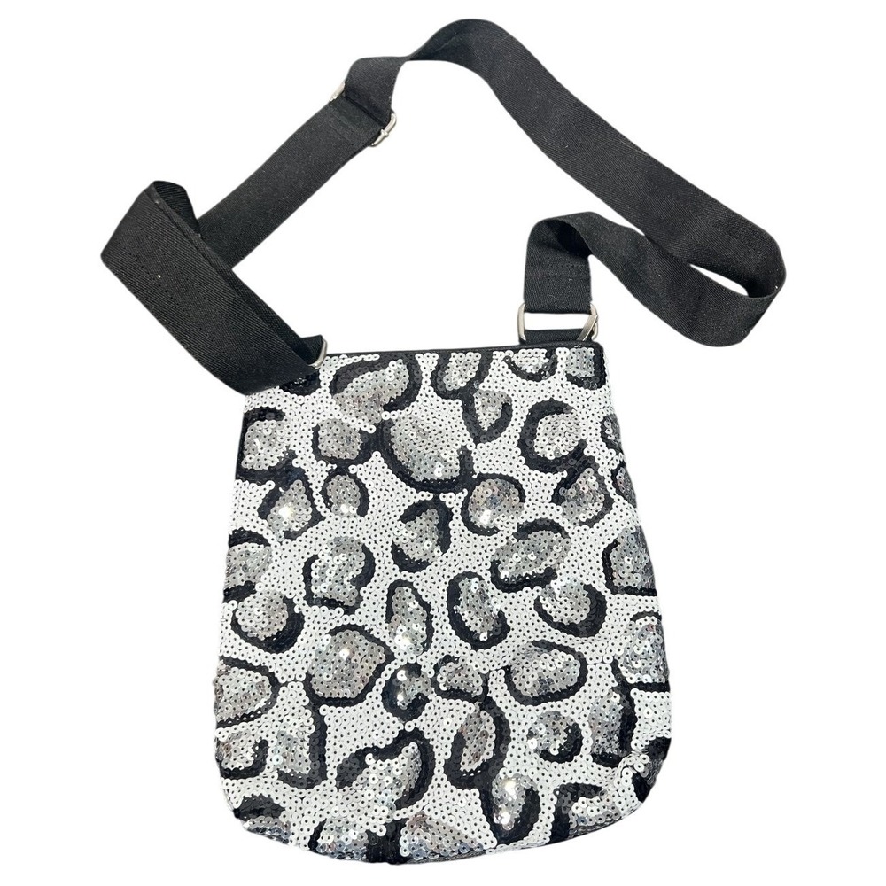 Sparkling Silver Sequin Leopard Print Crossbody Bag Adjustable Strap Women's